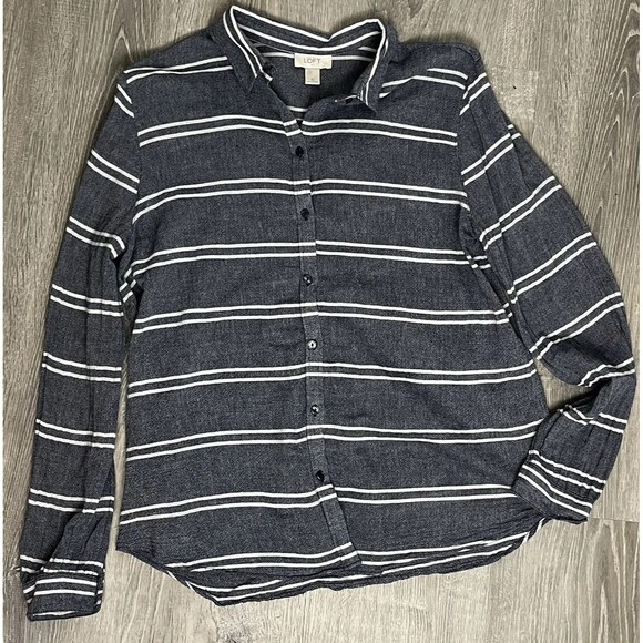 Ann Taylor Loft XL Top Button Up Shirt Gray White Stripe Lightweight Career Work - Picture 2 of 4
